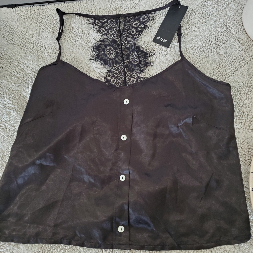 NWT NASTY GAL Sz M Black Silky Cami Top Spaghetti Straps Eyelash Lace T-Back Y2K - Picture 15 of 16